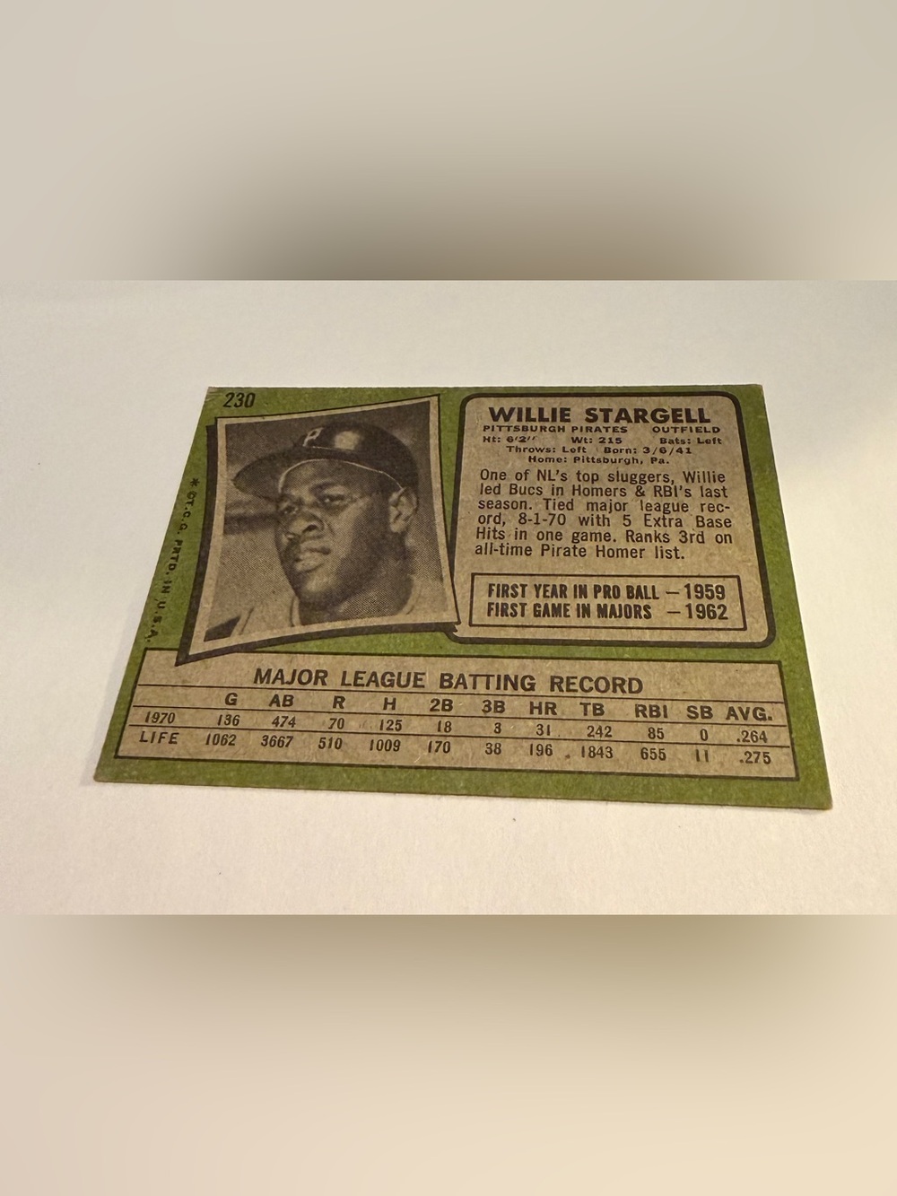 Willie Stargell 1971 Topps Baseball Card #230 Pittsburgh Pirates Vintage - Picture 2 of 3